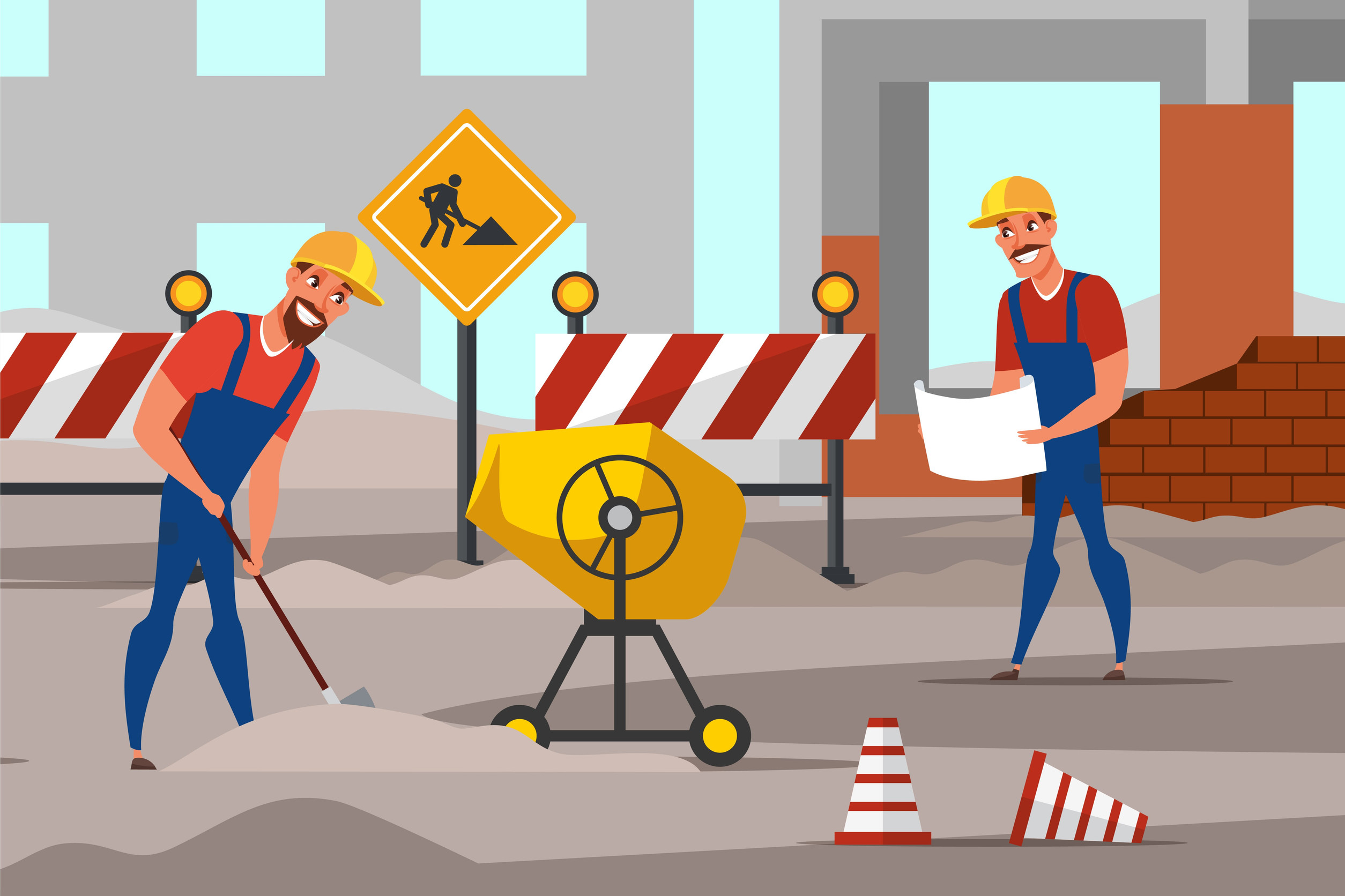 Repairmen working flat vector illustration. Handymen cartoon characters repairing road, digging ground. Concrete, cement mixer isolated design element. Road works, under construction building